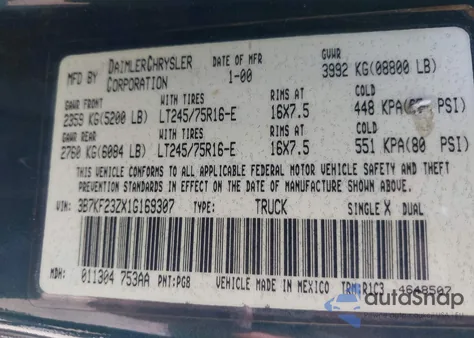 2001 Dodge Ram 2500 St from USA, damaged, VIN 3B7KF23ZX1G169307